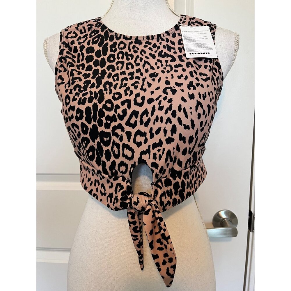 Cocoship Leopard Print Tie Front Swim Top Womens Size 10 Swimsuit Top Padded